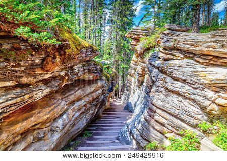 Long Winding Staircase Cuts Through The Canyon At Athabasca Falls On The Icefields Parkway In Jasper