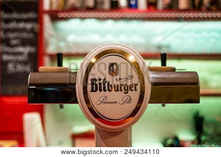 Koblenz Germany 07.12.2017 Close Up Bitburger Draft Beer Dispensing Tower Of A Bar Restaurant