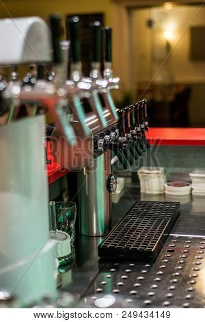 Close Up Draft Beer And Lemonade Dispensing Tower Of A Bar Restaurant
