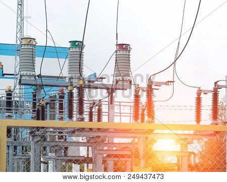 Power Transformer In High Voltage Switchyard In Modern Electric Substation, Power Station, Energy