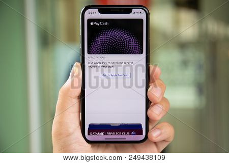 Koh Samui, Thailand - April 9, 2018: Man Hand Holding Iphone X With Apple Pay Cash On The Screen. Ip