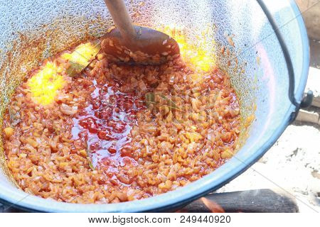 Traditional Hot Hungarian Stew Soup On Open Fire