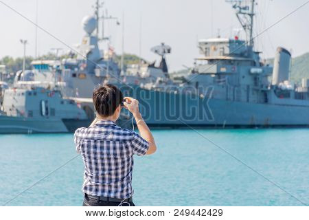 Navy Harbor And Warship Or Battleship At Navy Port
