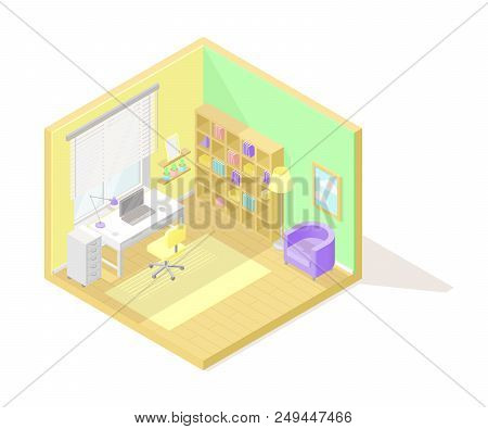 Vector Isometric Low Poly Cutaway Interior Illustartion. Working Room With Table With A Laptop, Chai