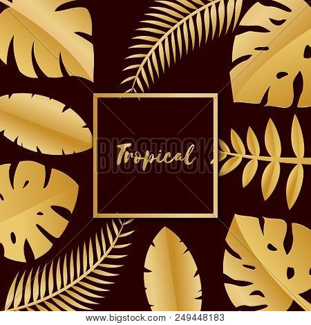 Composition With Luxury Golden Jungle Leaves On Dark Background In Paper Cut Style. Tropical Leaf Go