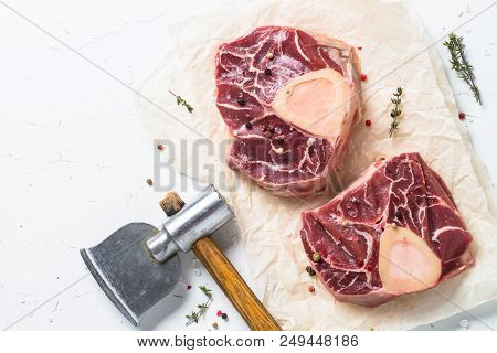 Raw Beef Steak Osso Bucco. Marble Meat. Top View With Copy Space On White Table.