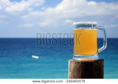 A Mexican Beer Mug Against The Blue Mediterranean Sea In Batroun, Lebanon.