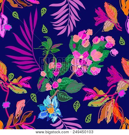 Trendy Vector Pattern With Palm Leaves And Exotic Plants On Dark Blue Background. Trendy Design For 