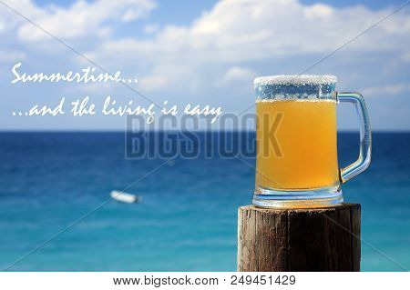 A Mexican Beer Mug Against The Blue Mediterranean Sea In Batroun, Lebanon.
