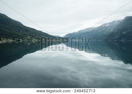 Norwegian landscape with mountains and Lusterfjord fjord. Commune Luster, Norway