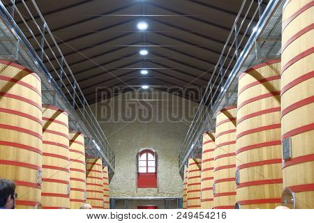 Elciego, ,alava Spain. April 23, 2018: Interior Of A Wine Cellar Of The Rioja Called Marques De Risc