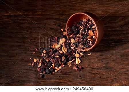 Fruits Christmas Tea In A Bowl On Wooden Background