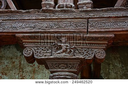 Ancient Wooden Carving On The Entrance To Alchi Monastery In Ladakh, India.