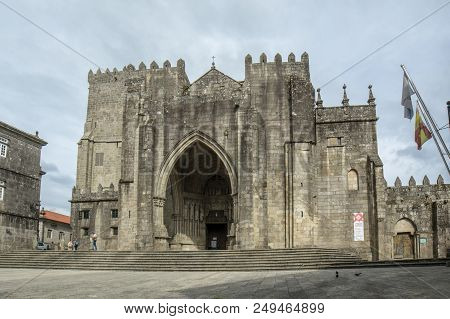 Tui Pontevedra, Galicia, July 2015: Facade Of Cathedral Of Saint Mary Of Tui Place Of Passage For Pi