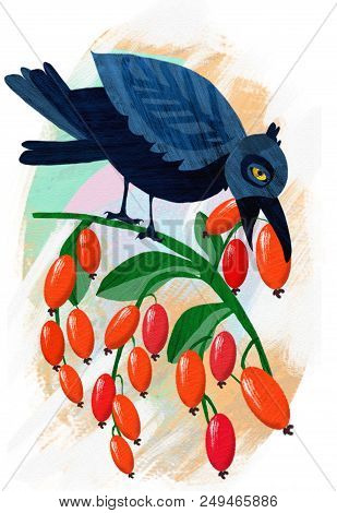 The Black Raven Sits On A Branch And Eats Dogwood Berries. Hand Drawing Cartoon Illustration. Wildli