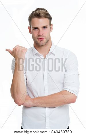 Try This Model. Man Confident Face Ready To Help White Background. Guy With Bristle Glad To Help You
