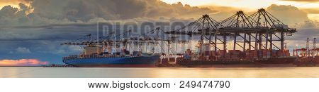 Panorama Of Logistic Port With Container Loading And Vessel. This Immage Can Use For Logistic, Deliv