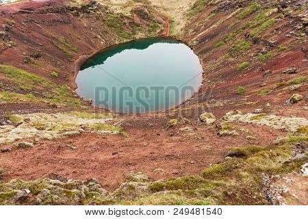 Kerið Volcanic Crater Lake Also Called Kerid Or Kerith In Iceland. Part Of The Golden Circle Route
