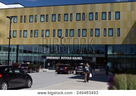 View of architecture of the Ostfold Regional Hospital. June 17,2018. Osfold Region, Norway