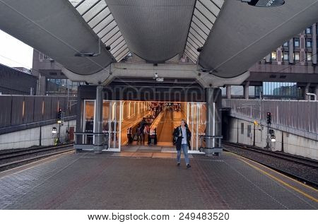Platform and train view on Oslo central station. Oslo Central Station (Sentralstasjon) is main railway station in Oslo. June 14. 2018. Oslo,Norway
