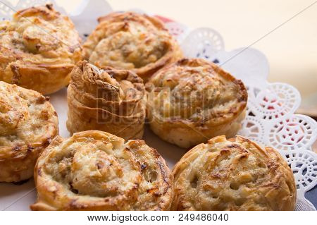 Fresh Hot Sweet Home Baking On Paper Lace Napkin, Rolls Of Buns.