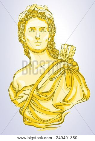 Greek Goddess. Marble Bust Of Beautiful Greek Man In Gold Colors. Vetor Illustration In Line Style I