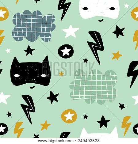 Seamless Childish Pattern With Cute Hero Mask, Flas, Star,cloud. Creative Kids Texture For Fabric, W