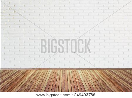 Vintage Old  Wooden Floor Texture With White Brick Wall For Background