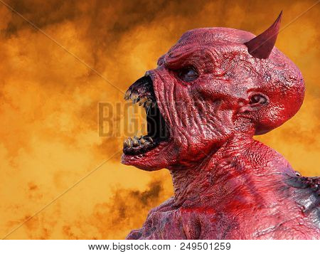 Head Portrait Of A Mean Looking Demonic, Red Devil With Horns. His Mouth Is Open And Full Of Slimy S