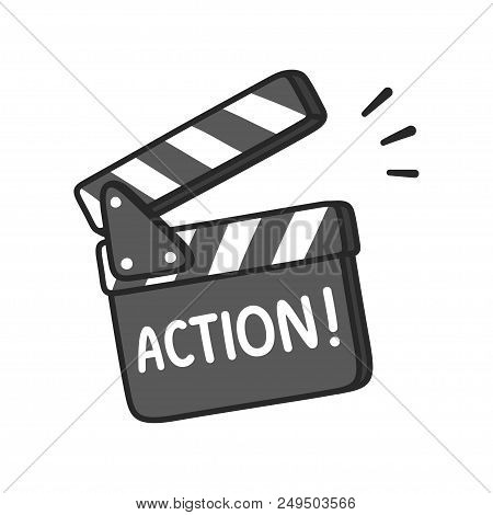 Lights, Camera, Action! Film Making Clapboard With Text. Hand Drawn Cartoon Vector Illustration.