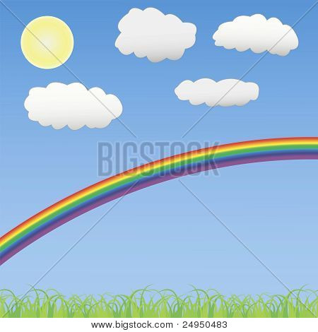 Paysage d'été avec l'herbe verte, soleil et arc-en-ciel