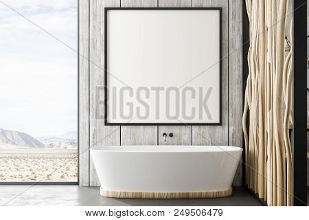 Square Mockup White Poster Abouve Modern Bath And City View From Window Floor-to-ceiling. 3d Renderi