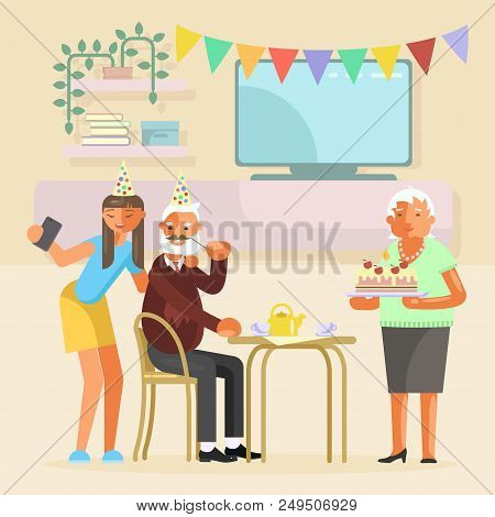 A Young Girl Doing Selfie With Granddaddy, Granny Brought A Birthday Cake. Birthday Of The Old Man. 