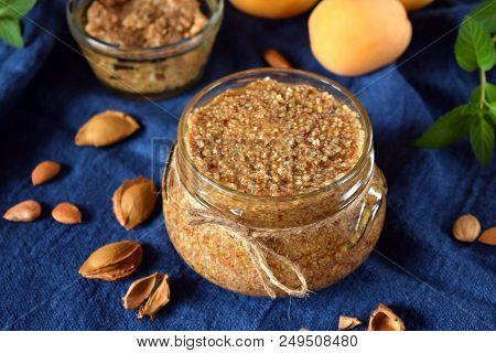 Urbech Of Apricot Kernel In A Glass Jar. National Dagestani Paste Of Nuts
