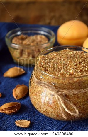 Urbech Of Apricot Kernel In A Glass Jar. National Dagestani Paste Of Nuts