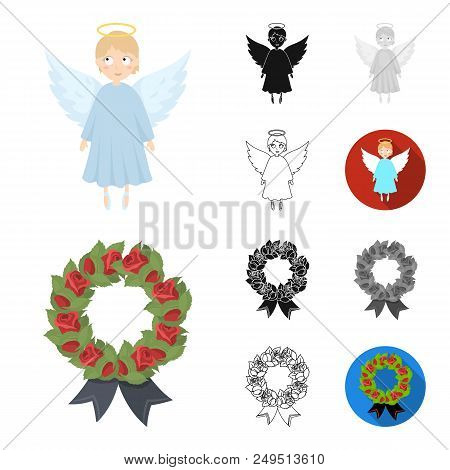 Funeral Ceremony Cartoon, Black, Flat, Monochrome, Outline Icons In Set Collection For Design. Funer