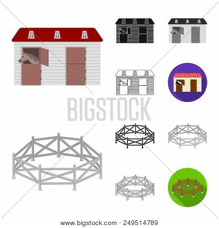 Hippodrome And Horse Cartoon, Black, Flat, Monochrome, Outline Icons In Set Collection For Design. H