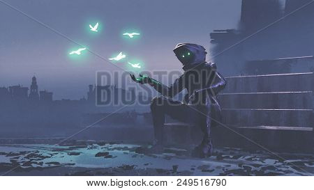 Mysterious Man With Glowing Birds Over His Hand Digital Art Style, Illustration Painting