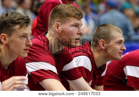 Kyiv, Ukraine - July 1, 2018: Martins Meiers Of Latvia (c) On A Bench During The Fiba World Cup Chin