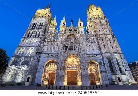 The Famous Notre-dame De Rouen Cathedral At Twilight, Rouen, France.