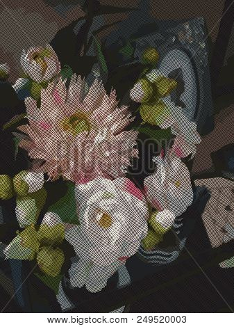 Watercolor 3D realistic romantic flowers bouquet composition peony dahlia home decor still life engraving vector