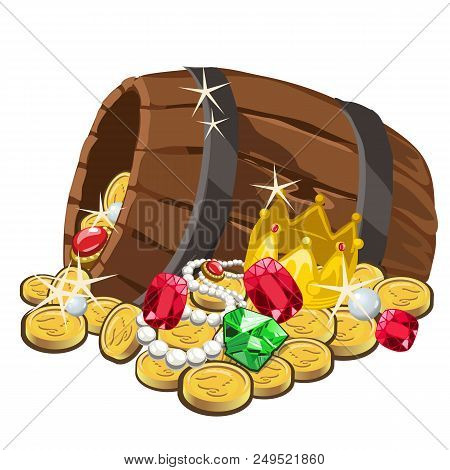 Wooden Barrel With Gold Coins And Precious Stones Isolated On White Background. Vector Cartoon Close