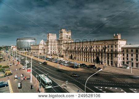 Minsk, Belarus. Two Buildings Towers Symbolizing Gates Of Minsk, Station Square. Crossing The Street