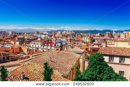 Top Aerial View On Girona, Catalonia, Spain. Scenic And Colorful Ancient Town. Famous Tourist Resort