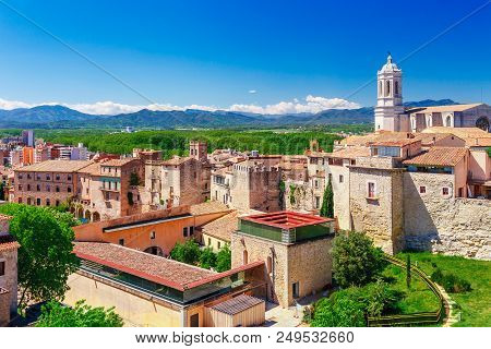 Top Aerial View On Girona, Catalonia, Spain. Scenic And Colorful Ancient Town. Famous Tourist Resort