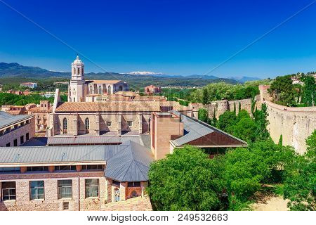 Top Aerial View On Girona, Catalonia, Spain. Scenic And Colorful Ancient Town. Famous Tourist Resort