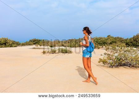 Tourist Woman At The Red Sea Coast And Mangroves In The Ras Mohammed National Park. Famous Travel De