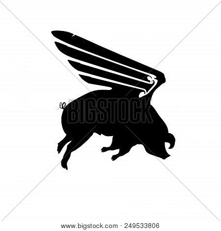 Silhouette Funny Piggy With Wings Flying, Pig Pattern, Black And White Vector Illustration.