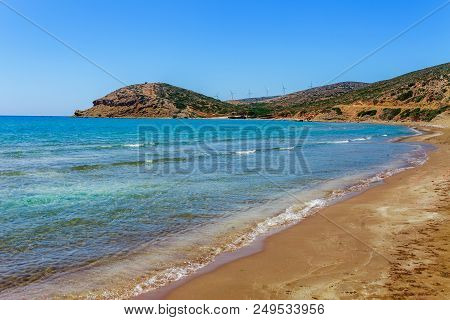 Scenic Beach In Prasonisi On Rhodes Island, Dodecanese, Greece. Panorama With Nice Sand Beach And Cl