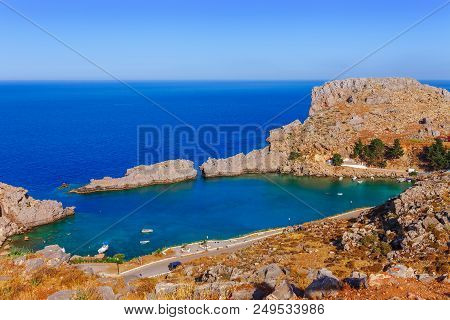 Sea Skyview Landscape Photo Saint Paul Bay In Lindos On Rhodes Island, Dodecanese, Greece. Panorama 